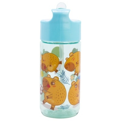 Garrafa de plástico com tampa azul e desenhos de capivaras amarelas