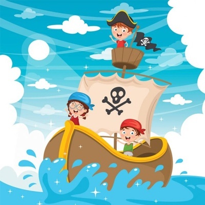 Ilustração de barco pirata com crianças vestidas de piratas no mar sob céu azul