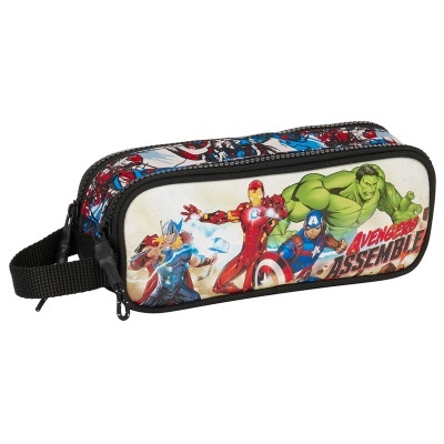 Estojo escolar retangular com imagem dos Vingadores e fecho preto