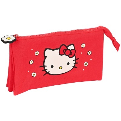 Estojo vermelho com desenho da Hello Kitty e flores brancas