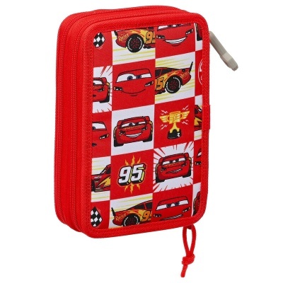 Estojo escolar vermelha e branca com estampado do filme Cars e Lightning McQueen