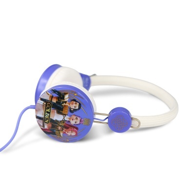 Auriculares com design azul e branco com imagem colorida e texto GOLDEN