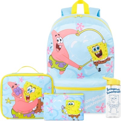 Conjunto azul claro com mochila, estojo, lancheira e garrafa com personagens Bob Esponja e Patrick
