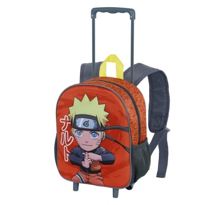 Mochila de rodas infantil com personagem Naruto em fundo laranja