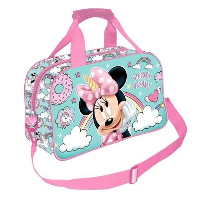 Mala infantil Minnie Mouse com cores azul e rosa e tema unicórnios