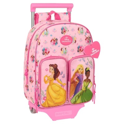 Mochila rosa com carrinho e princesas Disney desenhadas