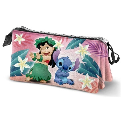 Bolsa estampada com personagens Lilo e Stitch em fundo rosa com flores e folhas