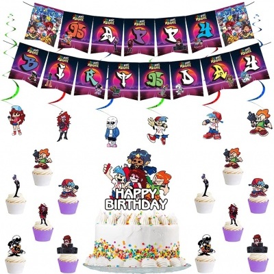 Decoração de festa de aniversário com faixas 'HAPPY BIRTHDAY', personagens animados e toppers para bolos coloridos