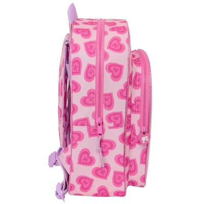Mochila rosa com padrão de corações magenta vista de lado