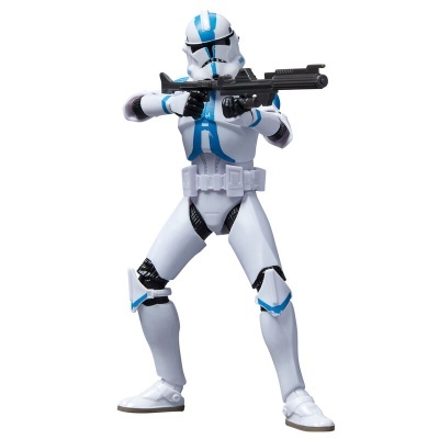 Figura de ação de soldado Clone de Star Wars com armadura branca, azul e preta segurando arma