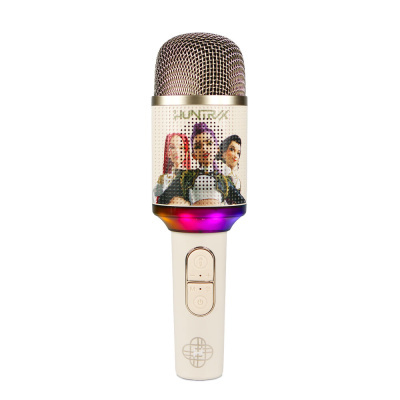 Microfone sem fios branco e dourado com imagem de três mulheres