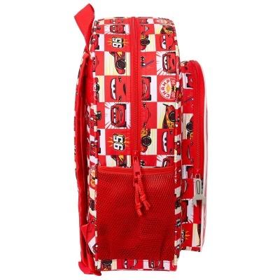 Mochila vermelha para crianças com padrão de carros animados e bolso lateral em rede