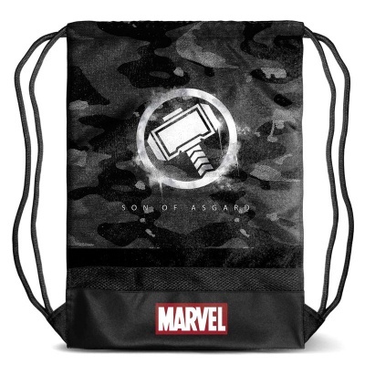 Mochila saco Marvel com símbolo do martelo do Thor e padrão camuflado cinzento e preto