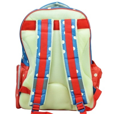 Mochila infantil azul com bolinhas brancas e detalhes vermelhos vista de costas