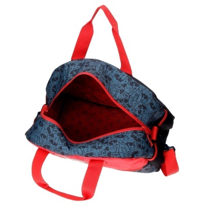 Mala desportiva azul com caveiras pretas e interior vermelho com caveiras pretas