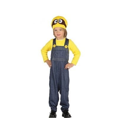 Fato de criança amarelo e azul com touca de Minion