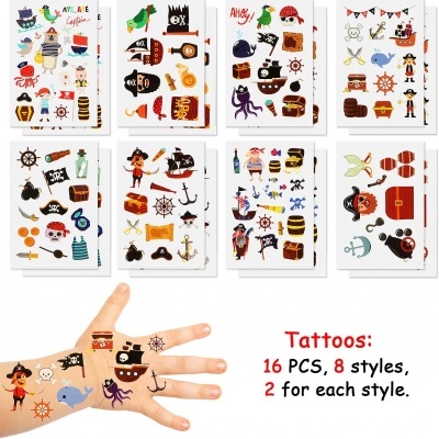 Conjunto de tatuagens temporárias com tema pirate e oceano em várias cores