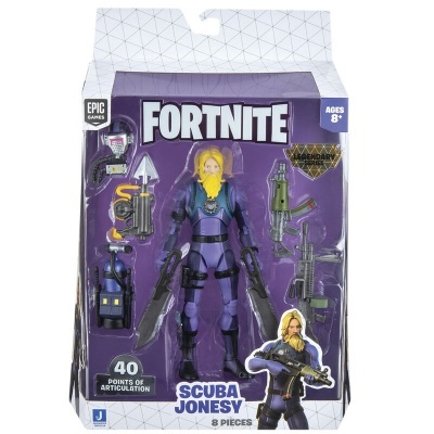 Boneco de ação Fortnite Scuba Jonesy com acessórios em embalagem roxa