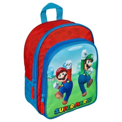 Mochila infantil Super Mario com imagem de Mario e Luigi em fundo azul e verde