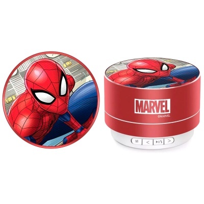 Coluna de som portátil vermelha com imagem do Homem-Aranha e logo MARVEL