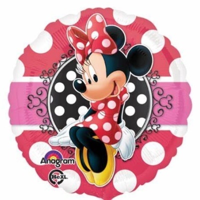 Balão redondo com Minnie Mouse em vestido vermelho com bolinhas brancas