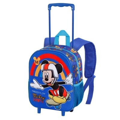 Mochila azul com carrinho e imagem de Mickey Mouse a andar de skate
