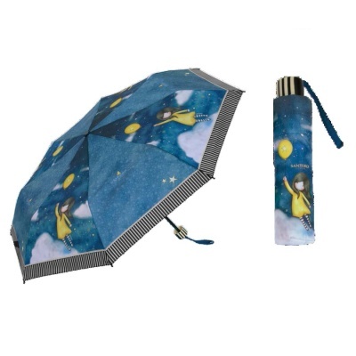 Guarda-chuva dobrável azul com padrão de mulher e balões e estojo com marca
