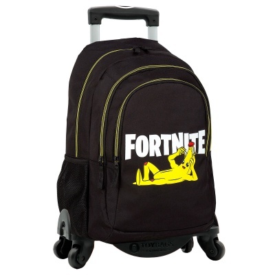 Mochila preta com rodas e logo Fortnite amarelo