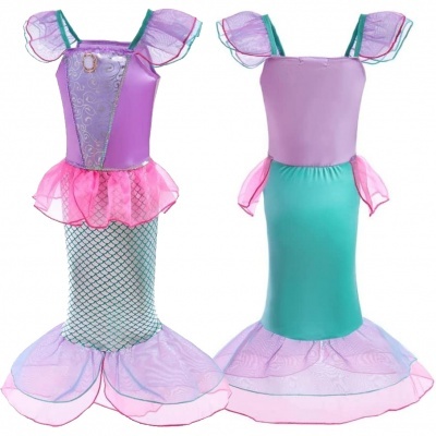 Vestido de princesa sereia lilás, rosa e verde-água com mangas e saia em tule transparente.