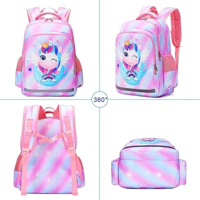 Mochila infantil rosa, azul e lilás com estampa de unicórnio e asas, vista de vários ângulos