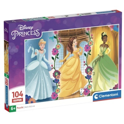 Caixa de puzzle Disney Princess 104 peças com princesas em vestidos coloridos