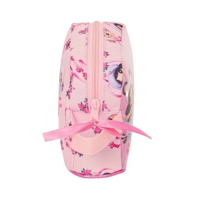 Estojo escolar cor de rosa com padrão floral e personagens animados