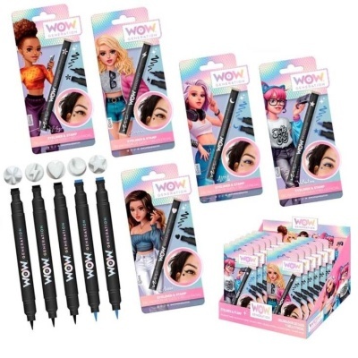 Canetas de maquilhagem WOW SUGAR PRO com embalagens rosa e azul e desenhos de bonecas femininas