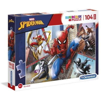 Caixa de puzzle Marvel Spiderman de 104 peças com imagem de personagens Spiderman em ação.
