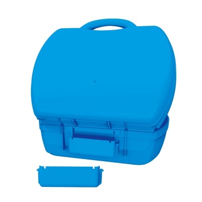 Mala de plástico azul com alça e tampa destacada