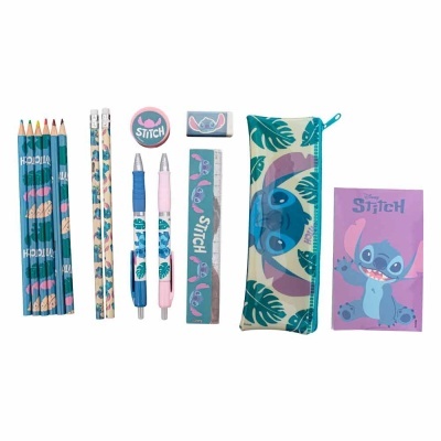 Conjunto de material escolar Disney Stitch com lápis, canetas, régua, borrachas, estojo e bloco de notas decorados.