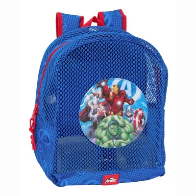 Mochila azul Avengers com rede, fecho vermelho e imagem dos super-heróis Hulk, Homem de Ferro, Thor e Capitão América.