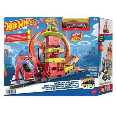 Caixa de brinquedo Hot Wheels Super Loop Fire Station com pista e veículos vermelhos e amarelos