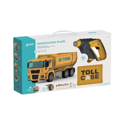 Brinquedo de camião de construção amarelo com ferramentas e mala TOLL CASE