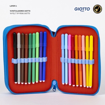 Estojo aberto com 18 marcadores de feltro coloridos Giotto organizados em interior vermelho