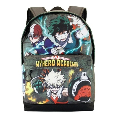Mochila MY HERO ACADEMIA com personagens de anime em cores verde, branco, vermelho e preto