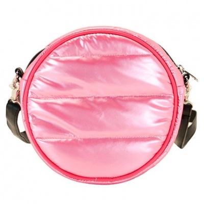 Mala redonda rosa brilhante com alça preta