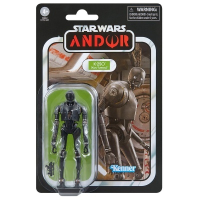 Figura de ação K-2SO Star Wars Andor em blister com arma e fundo ilustrado