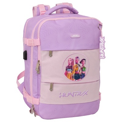 Mochila roxa e rosa com bolso frontal e personagens desenhadas