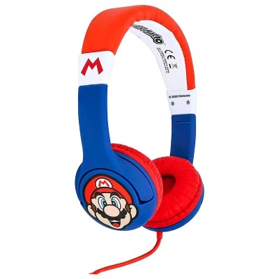 Auscultadores infantis Super Mario com cores azul, vermelho e branco