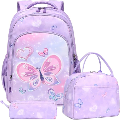 Conjunto de mochila, estojo e bolsa lilás com padrão de borboletas e corações