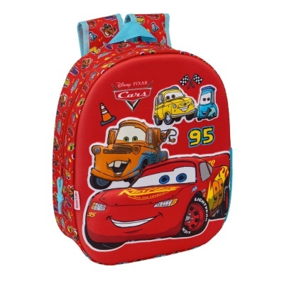 Mochila infantil Cars vermelha com personagens e alças azuis