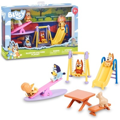 Brinquedo conjunto Bluey Deluxe Park com baloiço, escorrega, gangorra, mesa de piquenique e figuras