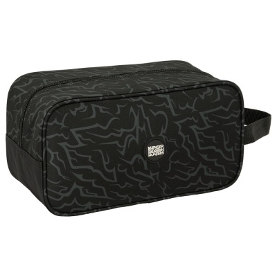 Necessaire preta com padrão cinzento e etiqueta KPOP DEMON HUNTERS