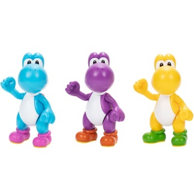 Três bonecos articulados coloridos de personagem cartoon em fundo branco